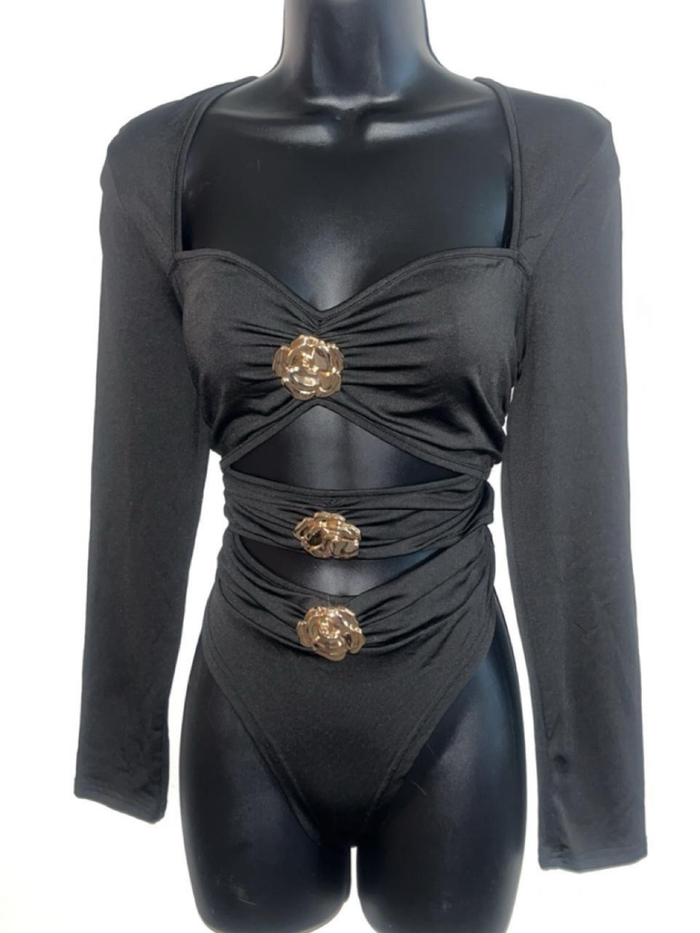 Black Long-Sleeve Cutout Bodysuit with Gold Floral Accents